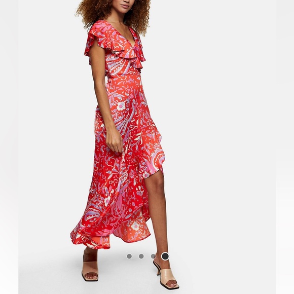 Topshop Satin Ruffle Wrap High/Low Dress - Size 2 - Picture 3 of 5